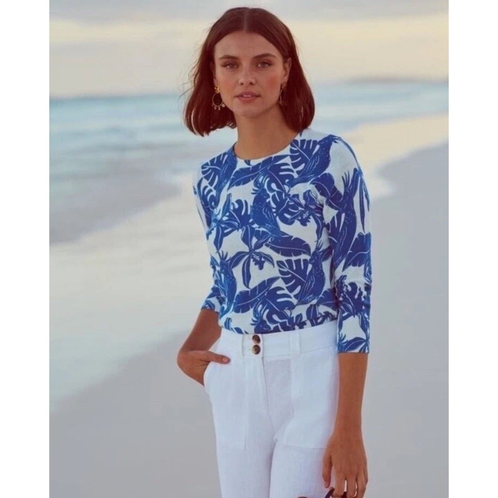 Boden Blue White Tropical Cockatoo Palm Leaf Knit Sweater 3/4 Sleeve Large